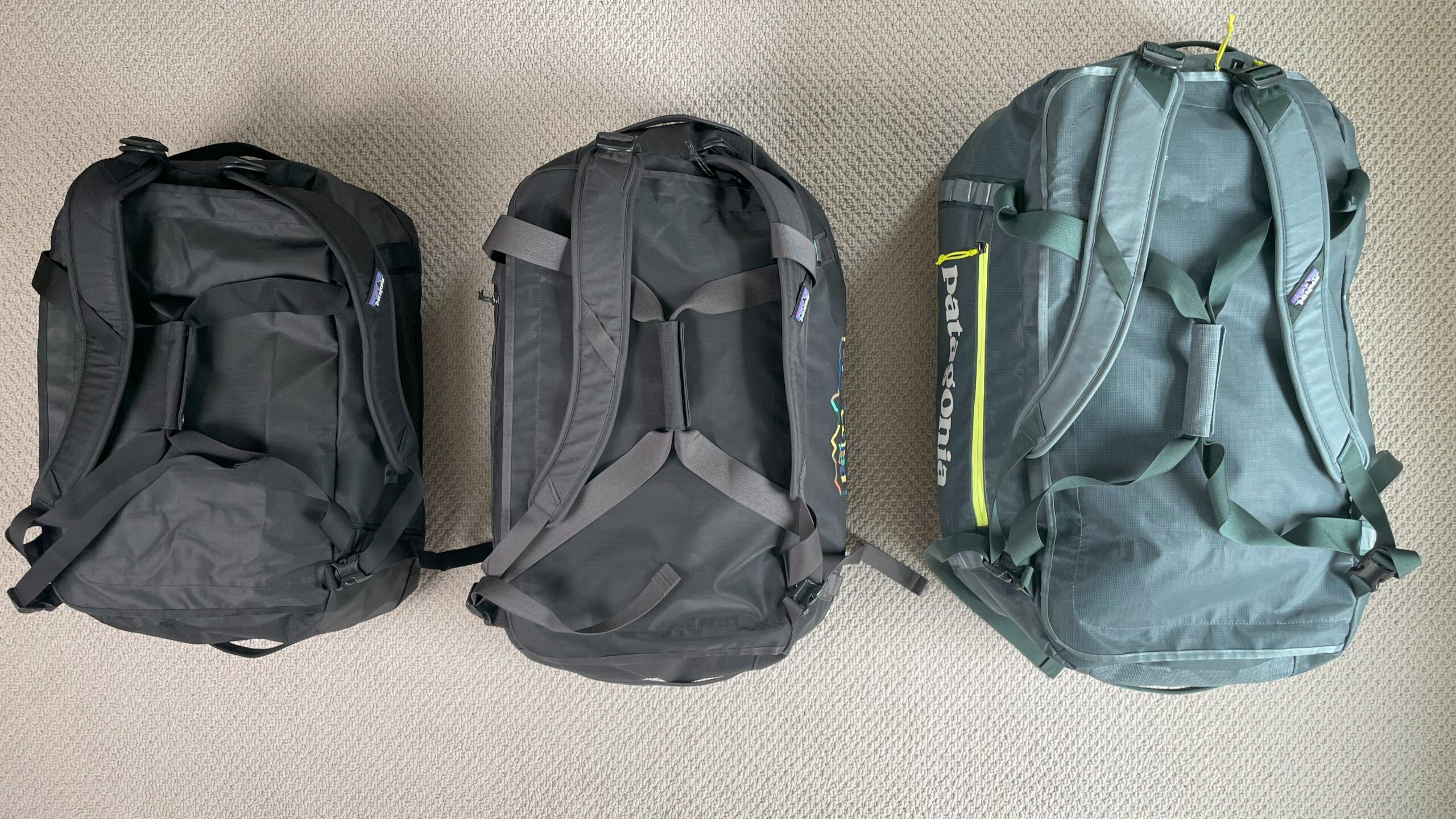 Patagonia Black Hole Duffel 40L, 55L, 70L and 100L comparison